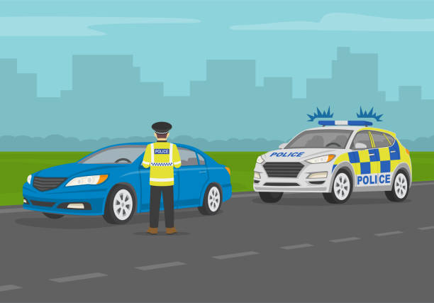 交通警察官は、運転手の書類をチェックするために青いセダン車を止めます。交通速度制御。 - yellow city speed road点のイラスト素材／クリップアート素材／マンガ素材／アイコン素材