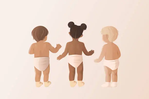 Vector illustration of Back view of standing babys in diapers