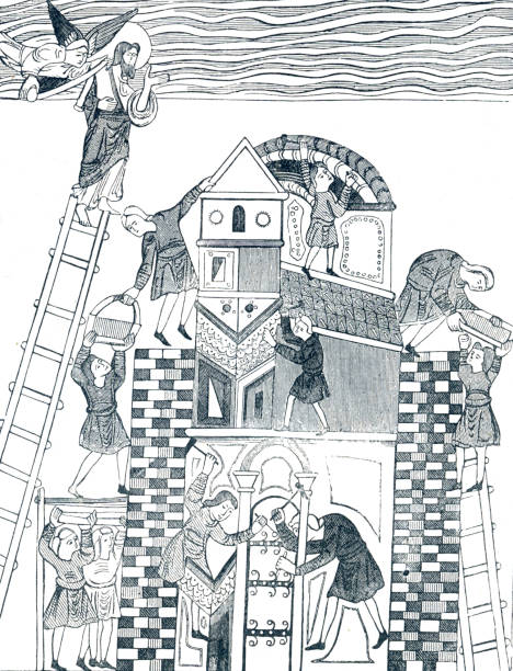 ilustraciones, imágenes clip art, dibujos animados e iconos de stock de construyendo la torre de babel - mitología blblical - torre de babel