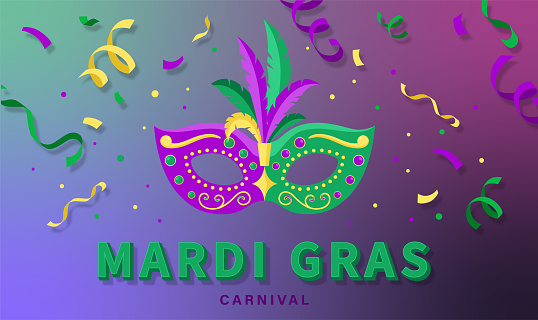 Carnival mask with feathers isolated on background. Costume accessories for parties. Mardi gras, Venice festival concept. Vector cartoon design