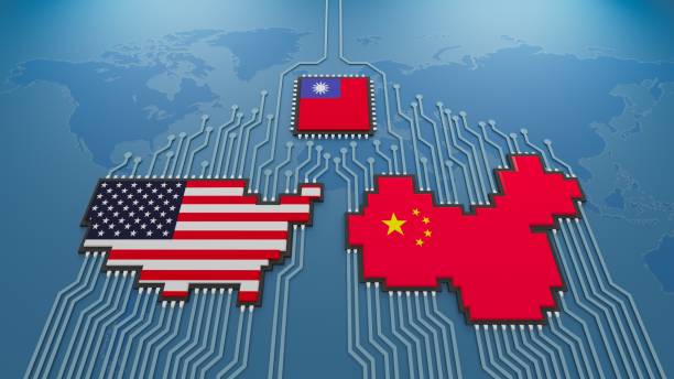 istock Microchip USA China Taiwan on blue world map background.3d illustration 1456192706