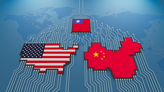 Microchip USA China Taiwan on blue world map background.3d illustration