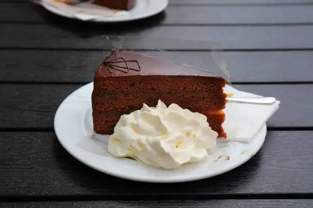 Sacher cake (in German Sachertorte). Famous Austrian chocolate sponge cake with apricot jam. Viennese delicacy.