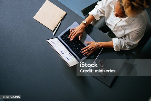 istock High Angle View Of Unrecognizable Woman Typing Business Report On A Laptop Keyboard In The Cafe 1456193345