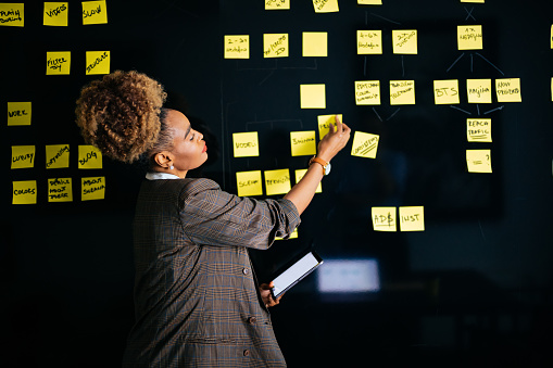 Smiling African-American businesswoman holding a digital tablet and putting yellow sticky notes on a board.