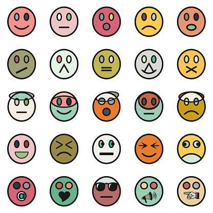 Vector hand drawn set of modern colors circle face emoticon icons funny and cute feelings joy symbols and sign web collection isolated on white background