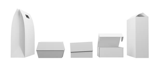 istock Paper food packaging options, 3d rendering mockup on isolated background. Product packages recyclable and reusable carton lunch boxes 1456196515
