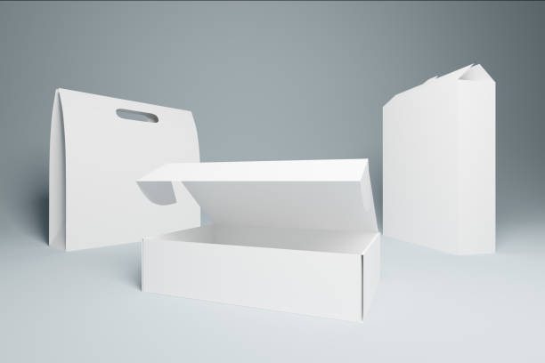 istock Paper food packaging options, 3d rendering mockup on gray background. Product packages recyclable and reusable carton lunch boxes 1456196569