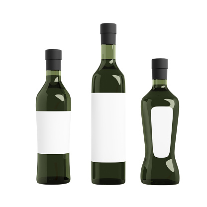 Green glass bottles with empty white lables in various shapes, 3d rendering. Cooking vegetable oil vials in isolated background, mockup design