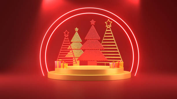 istock New Year Concept with Multi Colored Christmas Tree, Red Podium Spotlight 1456196783
