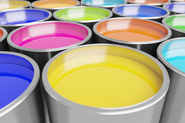 Buckets of multi coloured paint, 3d rendering. Digital illustration of vibrant dye for reconstruction or paintwork Buckets of multi coloured paint, 3d rendering. Digital illustration of vibrant dye for reconstruction or paintwork latex stock pictures, royalty-free photos & images