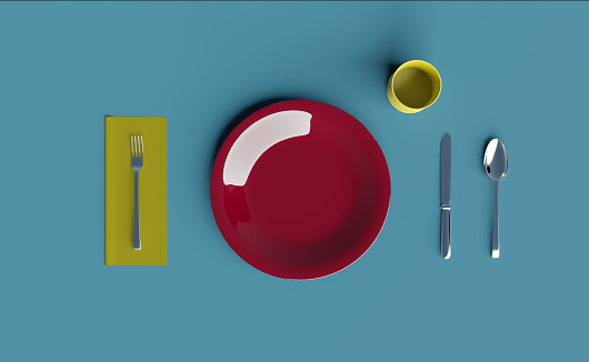 Simple dinner table setting of generic kitchen utensils in vibrant color scheme, 3d rendering. Overhead view of tableware as mockup with copy space, basic dining set