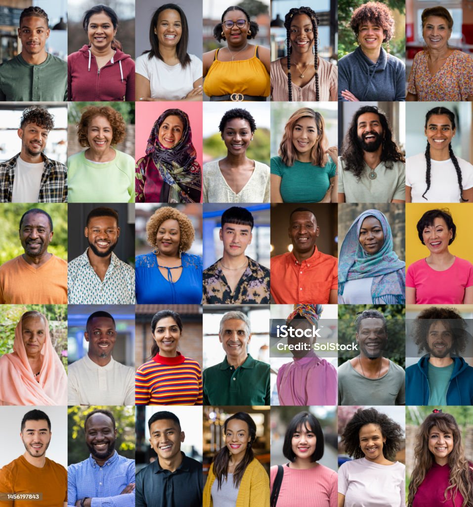 Express Yourself! An image montage of portraits of non-caucasian people in different settings. They are all looking at the camera with positive emotion. Multiracial Group Stock Photo