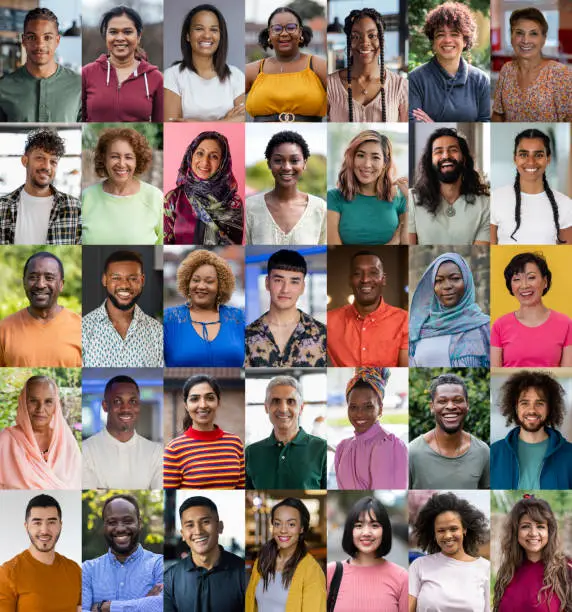 An image montage of portraits of non-caucasian people in different settings. They are all looking at the camera with positive emotion.