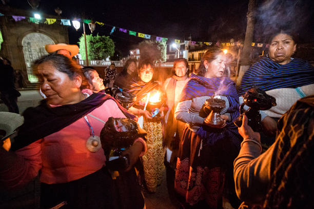 Cuanajo, Michoacan, Mexico - JANUARY 29, 2020: Purepecha Indians of Michoacan have their own calendar which they celebrate with the new fire on February 1, taking it from village to village.