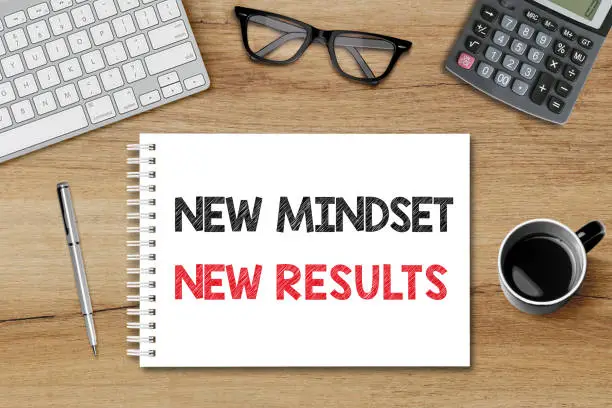 New mindset new results. Mindset thinking concept with office desk.