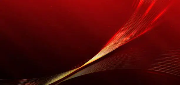 Vector illustration of Abstract luxury curve golden glowing lines on dark red  background with lighting effect and sparkle.Template premium award design.