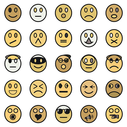 Vector hand drawn set of modern yellow circle face emoticon icons funny and cute feelings joy symbols and sign web collection isolated on white background