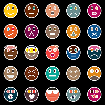 Vector hand drawning set of modern colors circle face emoticon icons funny and cute feelings joy symbols and sign web collection isolated on black background