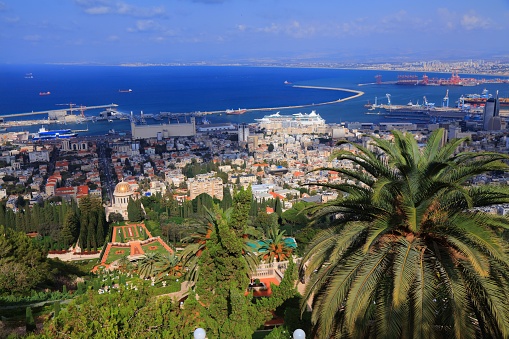 Haifa city, Israel. Cityscape of Haifa with Baha'i Gardens.