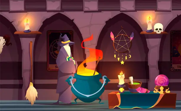 Vector illustration of Wizard in castle. Old mystery alchemist in magical laboratory interior, cartoon magician character in witch hat with witchcraft tools