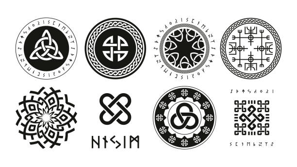 Norse runic logo. Scandinavian pagan esoteric religion symbols, viking protection rune triquetra yggdrasil vegvisir futhark valknut icons. Vector nordic set Norse runic logo. Scandinavian pagan esoteric religion symbols, viking protection rune triquetra yggdrasil vegvisir futhark valknut icons. Vector nordic set of esoteric ancient and gothic illustration runes stock illustrations