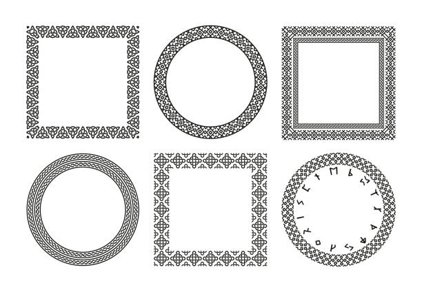 Nordic rune frames. Set of scandinavian futhark decorative borders with runic symbols, ornamental celtic viking north traditional motif. Vector collection Nordic rune frames. Set of scandinavian futhark decorative borders with runic symbols, ornamental celtic viking north traditional motif. Vector collection of nordic viking frame illustration rune stone stock illustrations