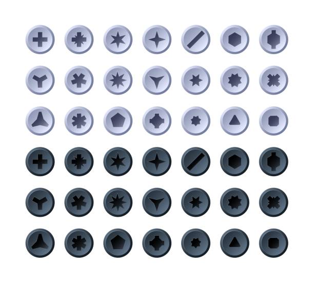 ilustrações de stock, clip art, desenhos animados e ícones de screw heads. cartoon round and hexagon screw-bolt caps top view, drill construction tools, mechanic workshop hardware devices. vector isolated set - screw human head bolt isolated