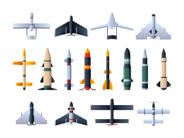 Vector illustration of Military missiles and drones. Ballistic rockets with warhead unmanned army aircraft for intelligence, attack and air defense, loitering weapon. Vector set