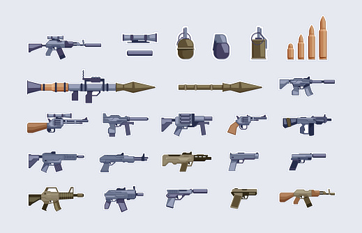 Military firearms. Set of battle arsenal automatic supplies shotgun pistol grenade, army weapon and war ammunition for game shooter. Vector collection of protection and defense equipment illustration
