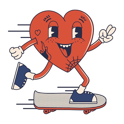 Retro groovy heart character. Retro cartoon character. Cool boy heart with tattoos on skateboard. Trendy 60s, 70s, 80s style.