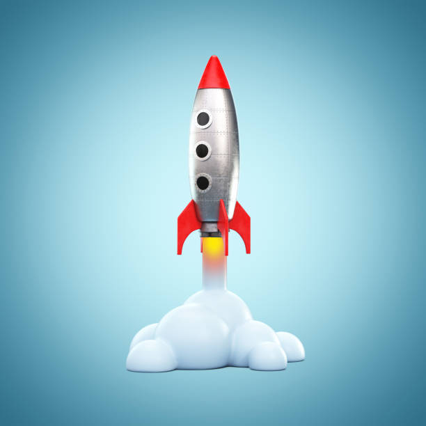 istock 3d cartoon style retro spaceship rocket. Toy rocket upswing ,spewing smoke. Startup, space, business concept 3d rendering 1456207184