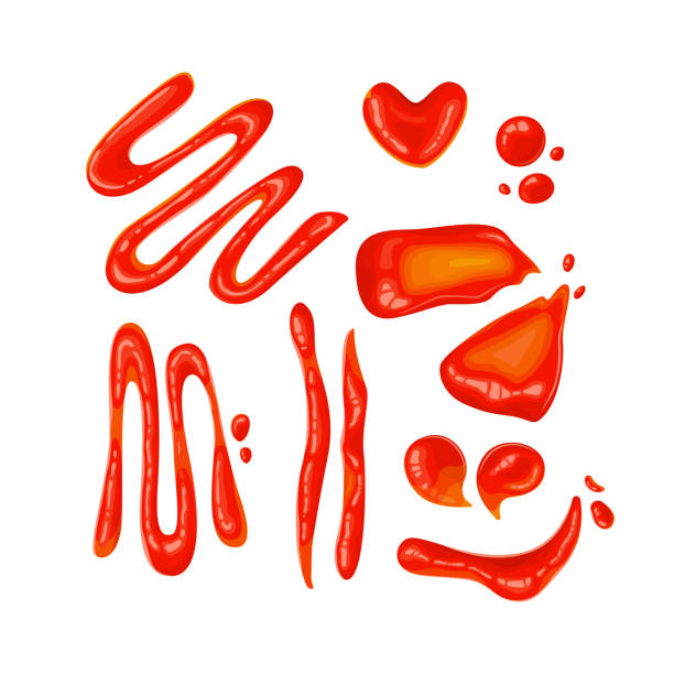 Ketchup stains. Tomato sauce red spots and catsup blobs. Ketchup stains. Tomato sauce red spots and smears, drops for paste and catsup blobs. gravy stock illustrations