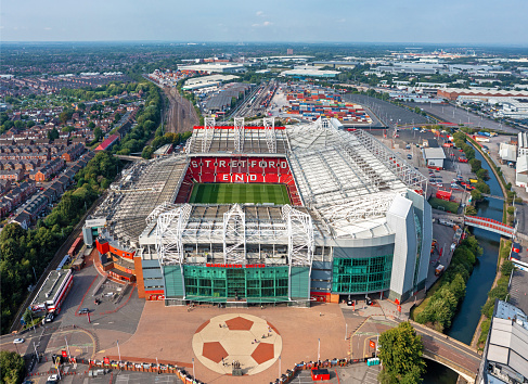 Manchester United , Old Trafford Stadium,  Stretford End. Aerial Image.