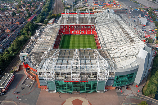 Manchester United , Old Trafford Stadium,  Stretford End. Aerial Image.
