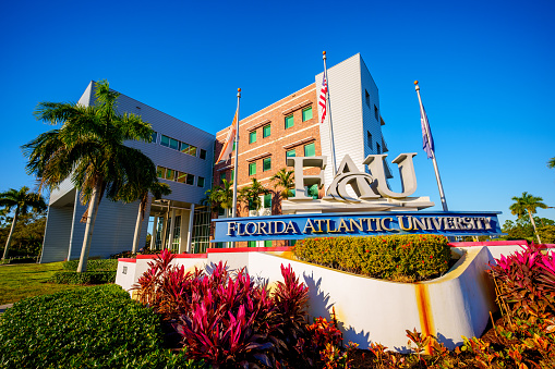 Davie, FL, USA - January 12, 2023: Photo of the Florida Atlantic University FAU Davie West Building and sign