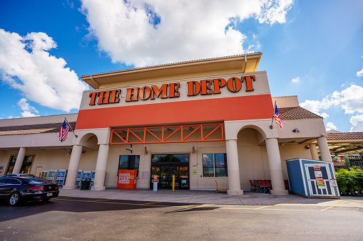 Davie, FL, USA - January 12, 2023: Photo of The Home Depot at Tower Shops outdoor mall Davie Florida