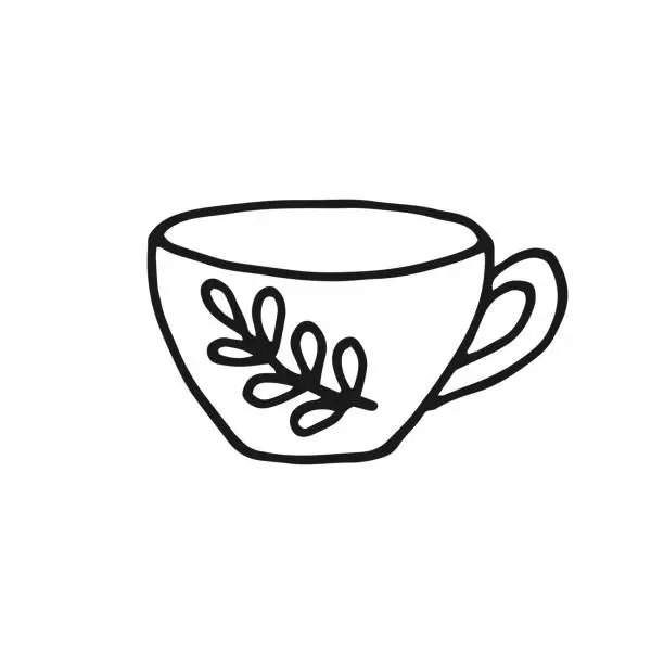 Vector illustration of Hand drawn cup mug. Cup in doodle style. Vector illustration isolated on white background.