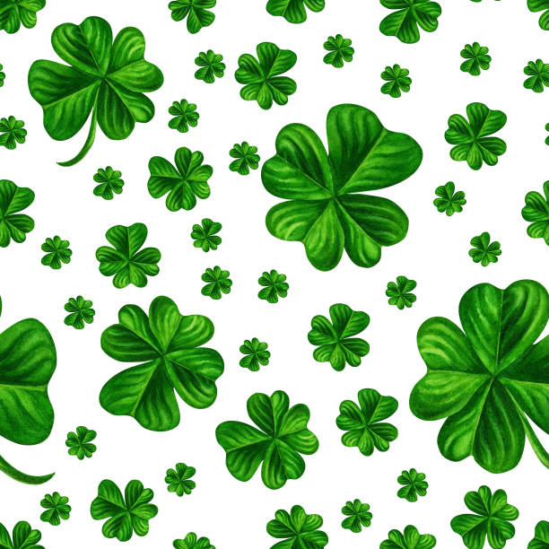 illustrations, cliparts, dessins animés et icônes de aquarelle dessinée à la main quatre feuilles motif sans couture pour la saint-patrick pour la bonne chance. - clover st patricks day four leaf clover luck