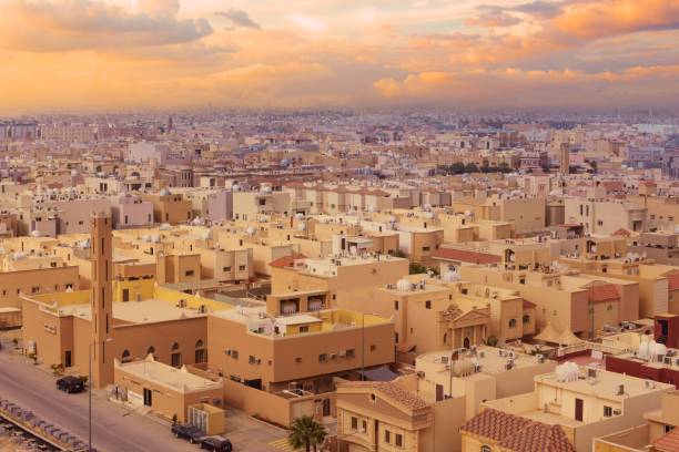 houses in riyadh city view - old crane blue sky imagens e fotografias de stock