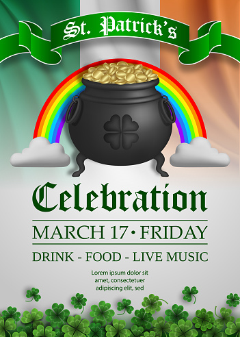 saint patrick's day background with pot and rainbow. st. patrick's day poster with cauldron and irish flag vector