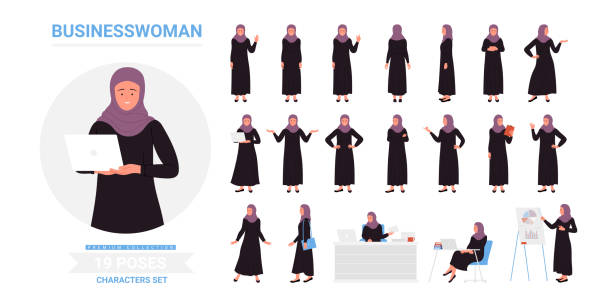 Muslim businesswoman poses set, Arab young woman in hijab and traditional black dress Muslim businesswoman poses set vector illustration. Cartoon Arab young woman in hijab and traditional black dress sitting and standing with laptop, lady in robe showing business presentation middle eastern clothes stock illustrations