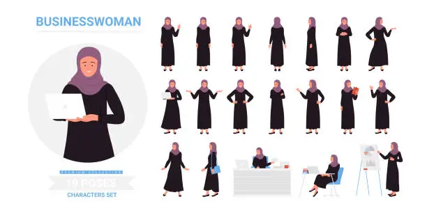 Vector illustration of Muslim businesswoman poses set, Arab young woman in hijab and traditional black dress