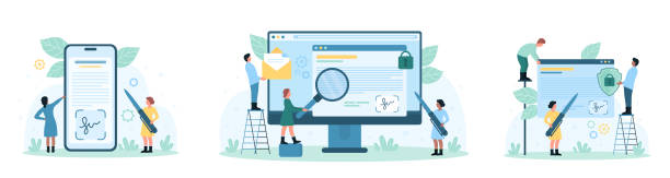 Digital signature set, tiny people sign online business document and contract with pen Digital signature set vector illustration. Cartoon tiny people sign online business document and legal contract, office employee with pen write and approve agreement on screen of computer or phone writing email stock illustrations