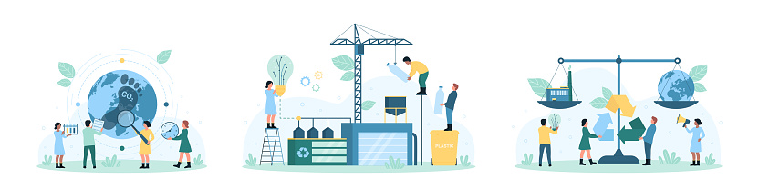 Eco balance set vector illustration. Cartoon tiny people research carbon footprint, recycle plastic at waste recycling plant for energy and electricity production, compare climate change on scales