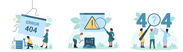 Error 404, internet message set vector illustration. Cartoon tiny people search network problem and mistake of website with magnifying glass, holding tech tools to repair failure or dead webpage