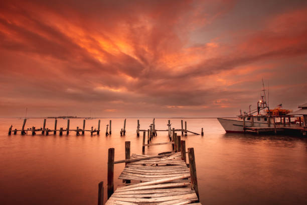 Shrimp boat at the old marina docks at sunset