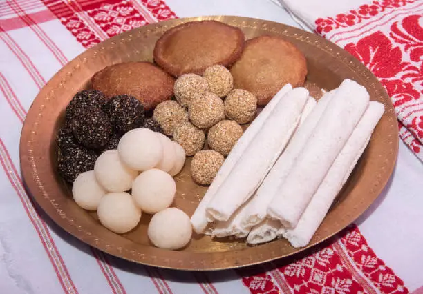 Display of traditional food during Magh Bihu festival