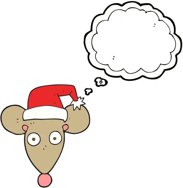 Vector illustration of freehand drawn thought bubble cartoon mouse in christmas hat