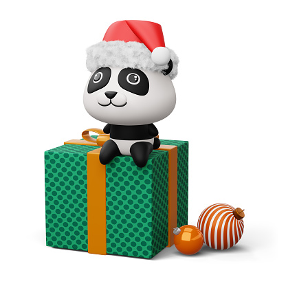 Cute panda with christmas hat, happy christmas, 3d rendering